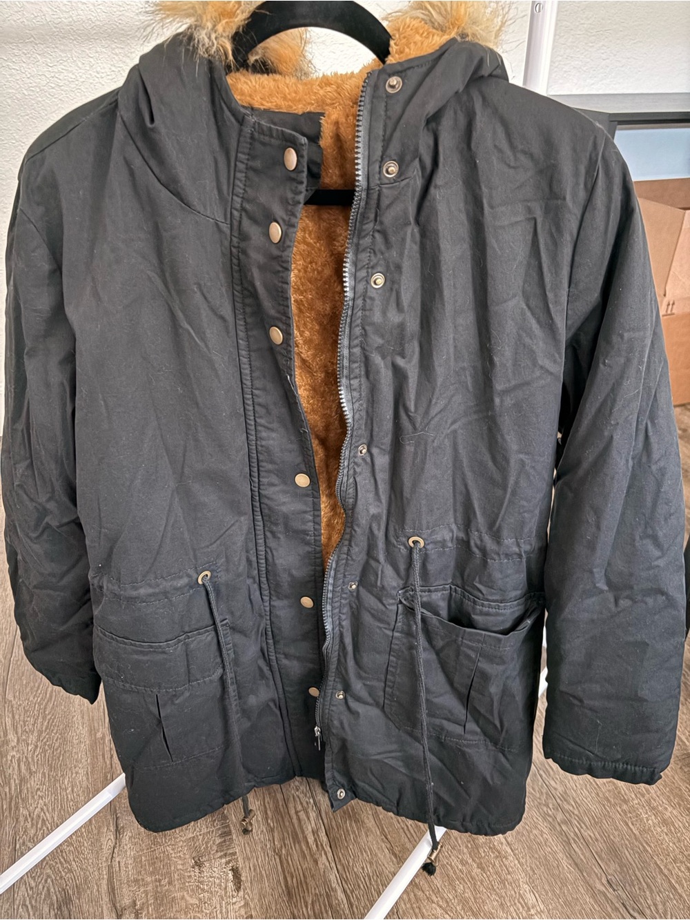 Allegra K Women’s Black Field Jacket with Tan Faux-Fur Lining - Picture 4 of 4